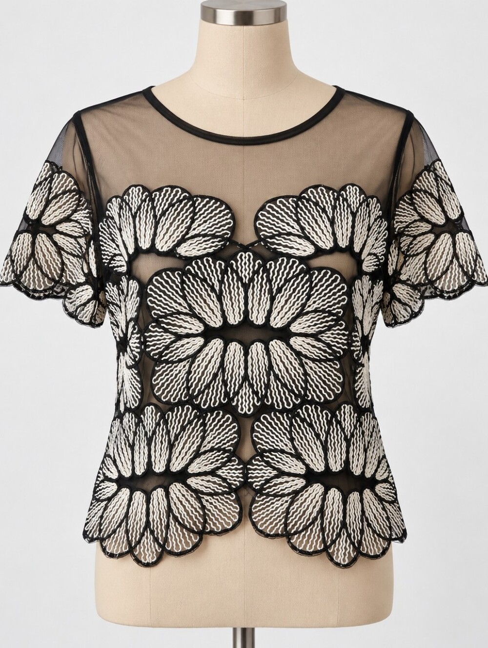 Euro Black & White Sheer Floral Soutache Mesh Top – Approx. L – Art-to-Wear